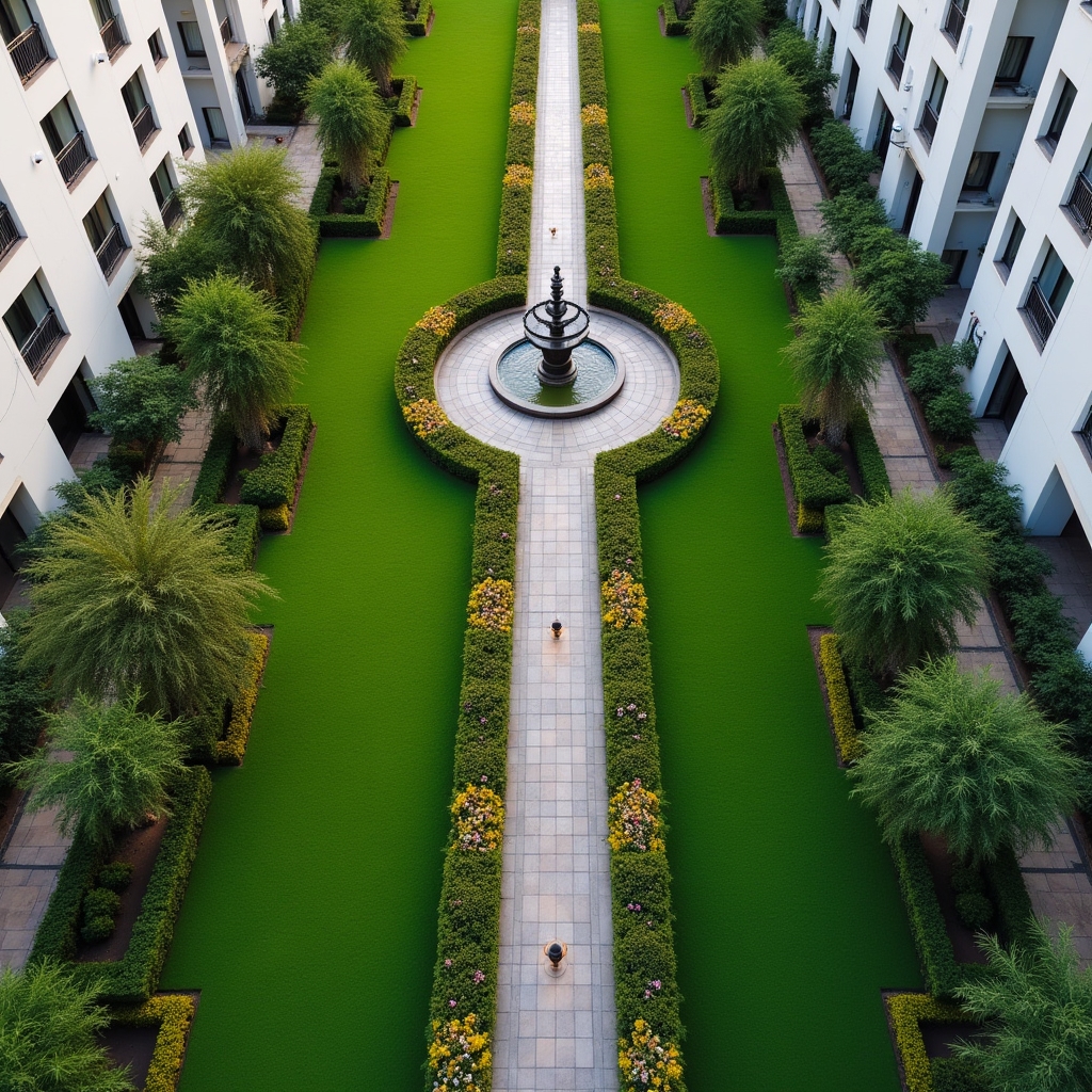 Area verde condominiale con irrigatori pop-up su prato ben curato