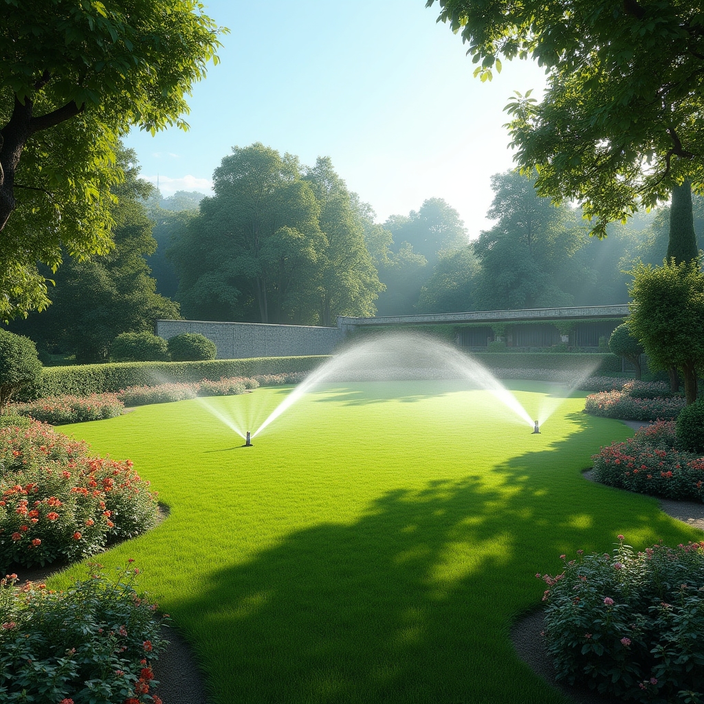 Giardino privato con prato verde irrigato da sistema automatico a pioggia