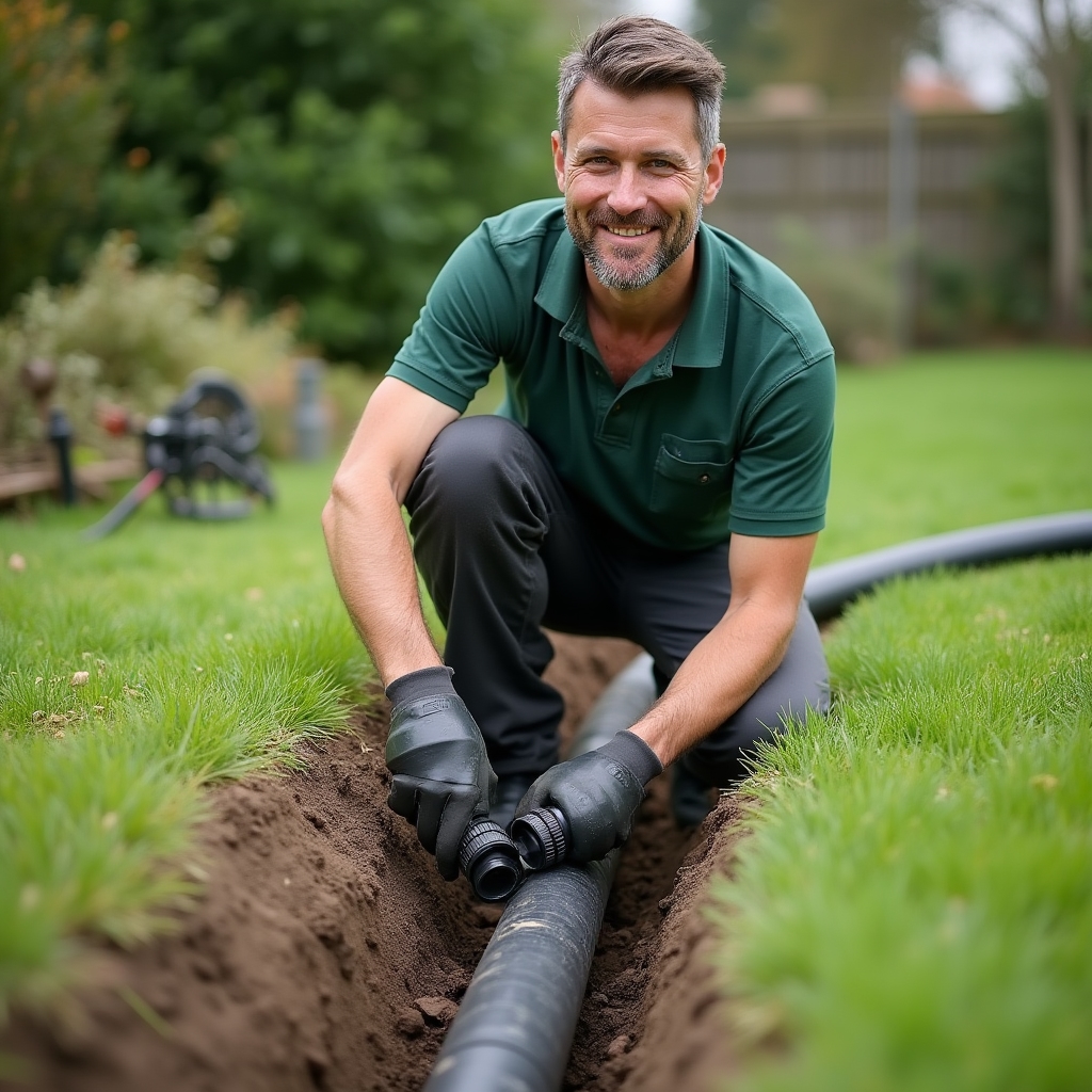 Tecnico che installa tubazioni di irrigazione nel terreno di un giardino