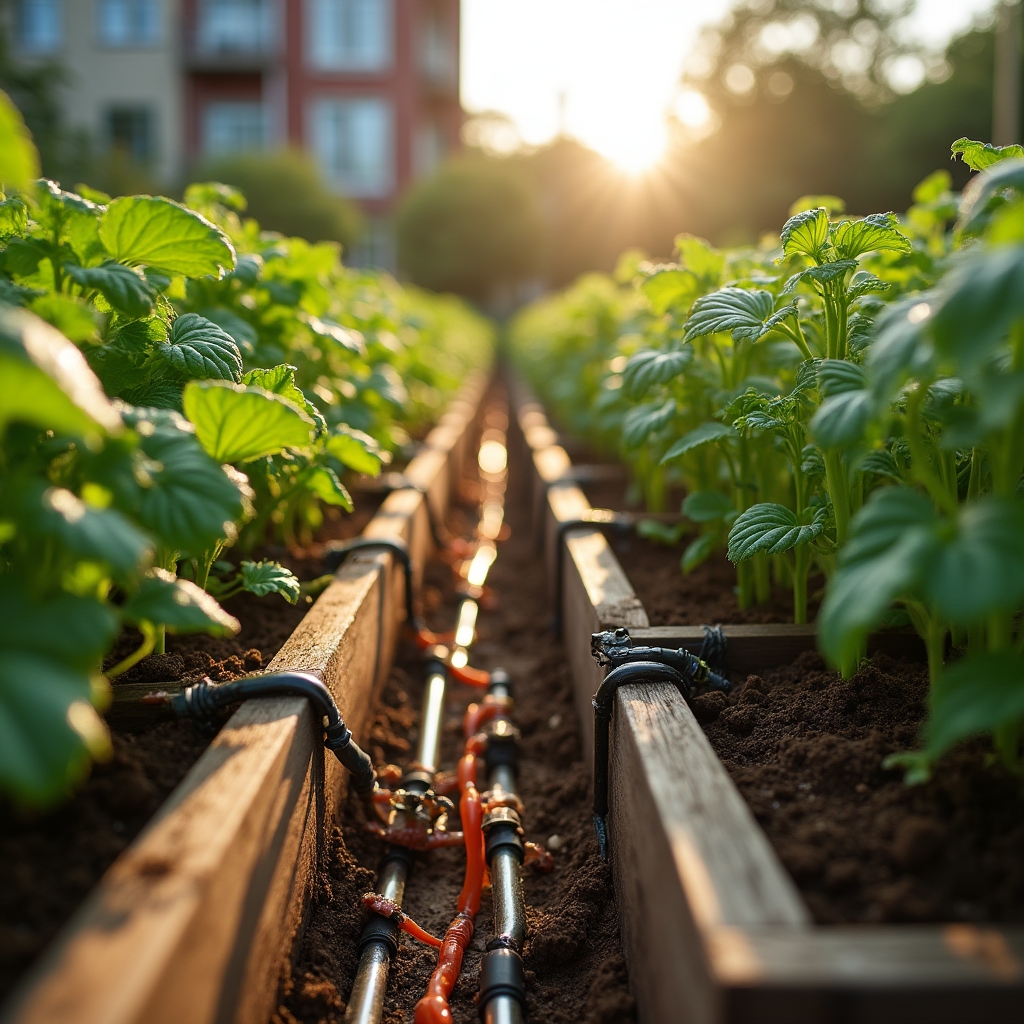 Orto urbano con sistema di irrigazione a goccia installato tra le file di verdure