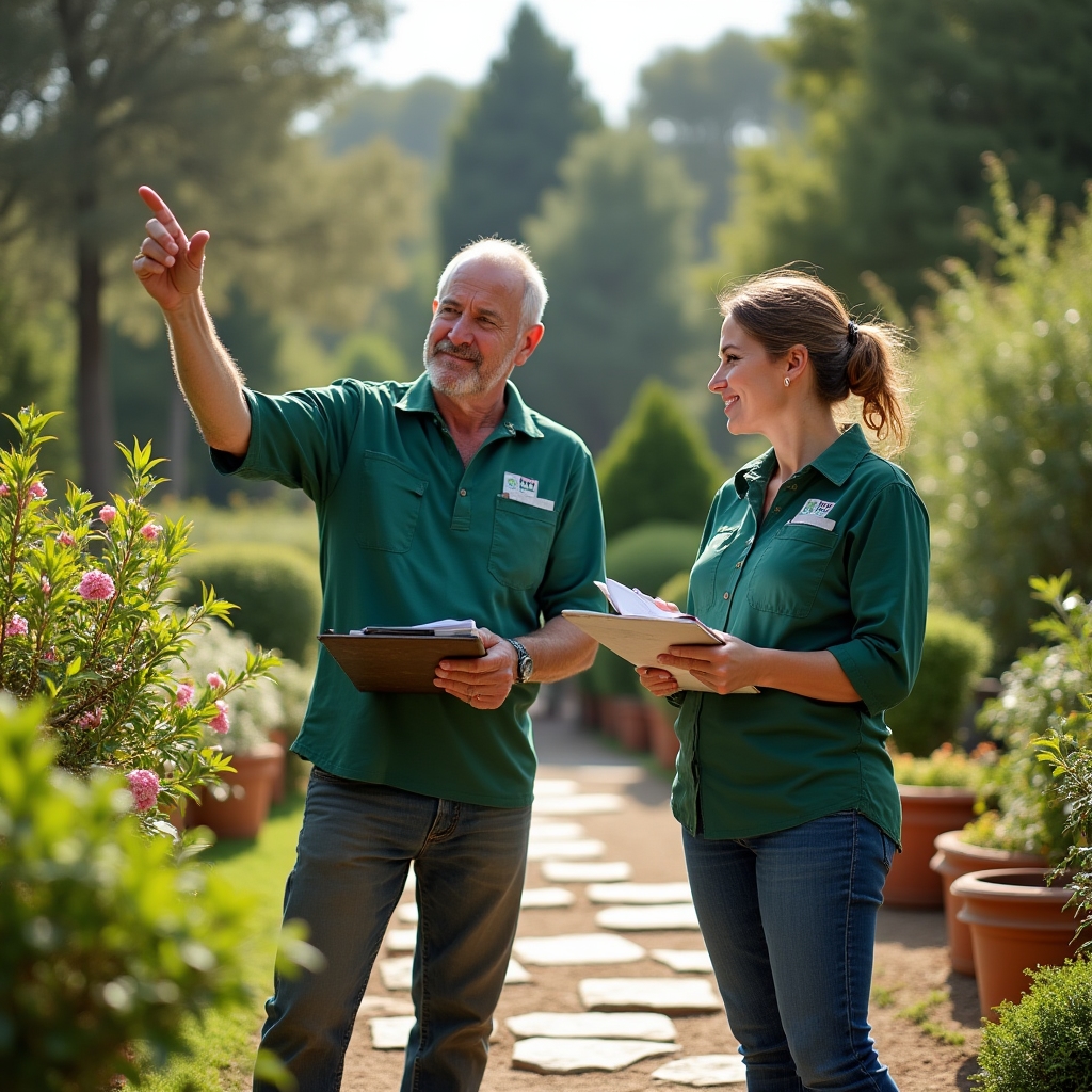 Due tecnici Feraqenx che effettuano un sopralluogo in un giardino per valutare l'impianto di irrigazione